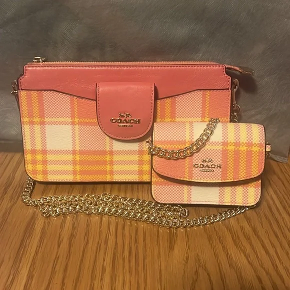 Coach Poppy Crossbody With Garden Plaid Print Gold/Taffy Multi - Picture 3 of 7